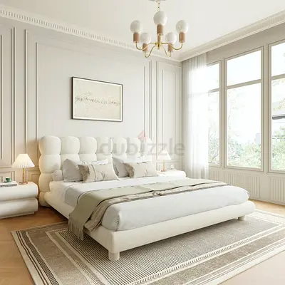 Modern White Cloud Padded Bed Frame with Upholstered Headboard