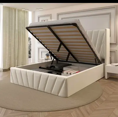 Upholstered Ottoman Storage Bed with Lift-Up Base (Queen/King - Beige)