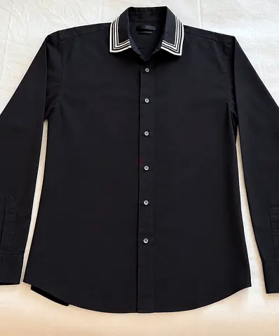 Elegant black button-up shirt by Alexander McQueen, featuring a distinctive layered grey/white strip