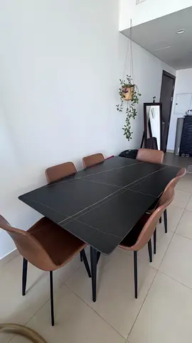 Modern black dining table with 6 brown chairs - excellent condition