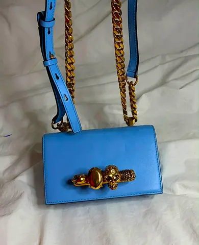 Light Blue Leather Shoulder Bag with Gold Skull Detail