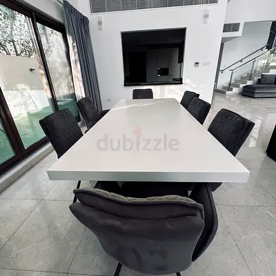 RECTANGULAR WHITE DINNING TABLE - 6 GREY CHAIR