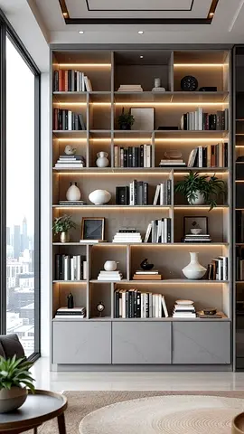 Floor-to-Ceiling Modern Built-in Bookshelf with LED Lighting