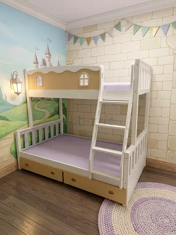 White wooden bunk bed with trundle and ladder — good quality