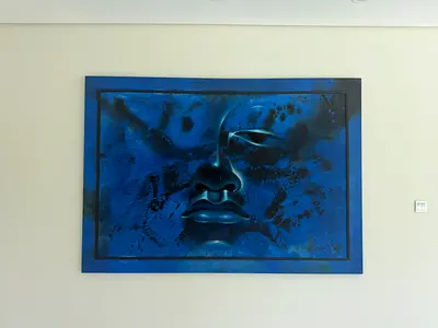 Large Blue Abstract Face Wall Painting — Framed Canvas