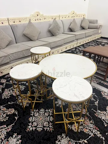 Set of 4 Marble-Top Nesting Coffee Tables with Gold Frames