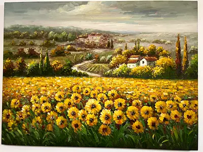 Framed Oil Landscape Painting of Sunflower Field