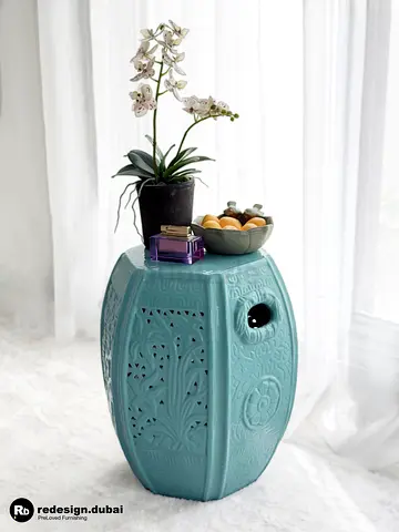 ASIAN TURQUOISE PORCELAIN STOOL or chinese bench chair ottoman garden planter pouf side table