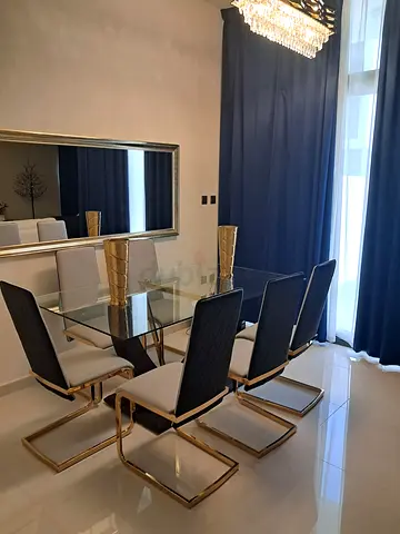 Glass Top Dining Table with 6 Modern Black & Gold Chairs - Excellent Condition