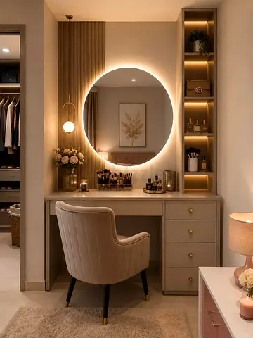 Modern Dressing Table with Backlit Mirror and Shelving
