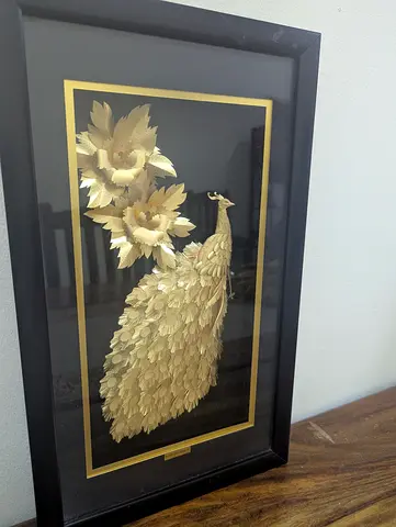 Framed 3D Gold Leaf Peacock Wall Art Decor (41 cm x 24.5 cm)