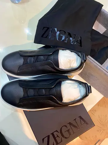 ZEGNA Triple Stitch™ SECONDSKIN  Black Leather Slip-On Sneakers - Brand New with Box