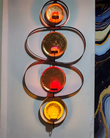 Metal Wall Hanging Decor with Gold Circular Accents - Vertical Candle Holders