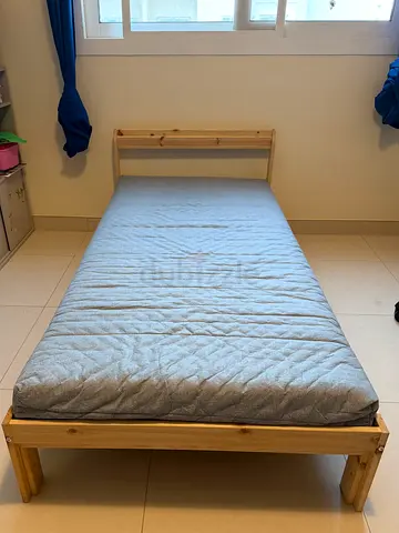 IKEA single pine bed frame with mattress - good condition