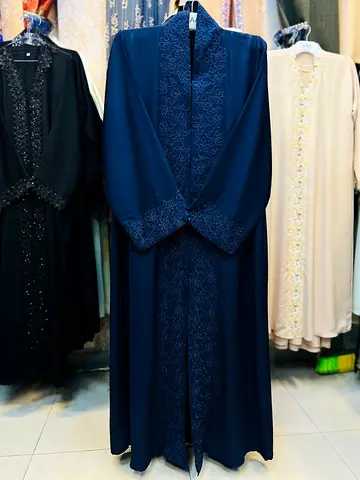 Navy Blue Embroidered Open-Abaya - Size Available