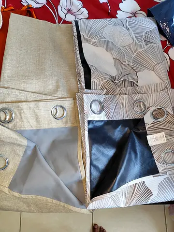 Pair of light-blocking curtain panels with grommets — beige & patterned grey