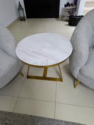 2 identical Round Marble-Top Coffee Tables with Gold Metal Base