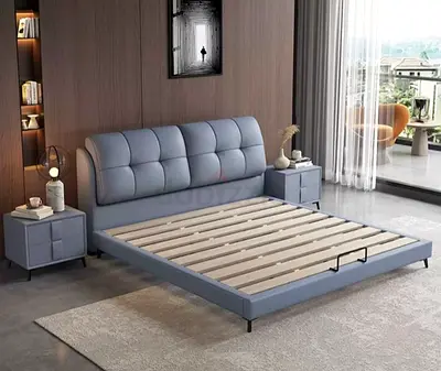 Modern Upholstered Double Bed Frame with Headboard - Grey