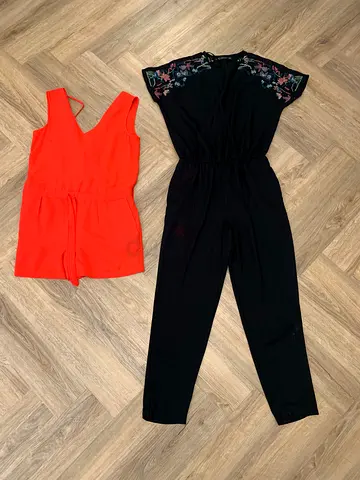 Navy blue embroidered jumpsuit and bright red romper set - size XS