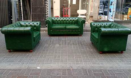 Green Leather Chesterfield 2 Seater Sofa + 2 Armchairs Set