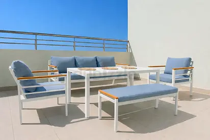 Outdoor patio dining set - white aluminum frame with blue cushions (6-piece)