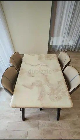 4-Seater Marble Top Dining Table with Upholstered Chairs