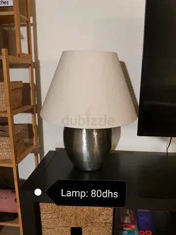 Silver ceramic table lamp with white fabric shade — good condition