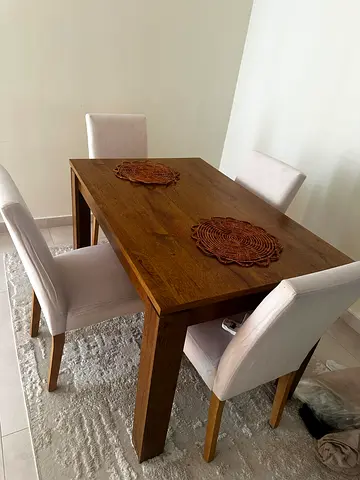Solid Wood Dining Table with 4 Upholstered Chairs - Good Condition