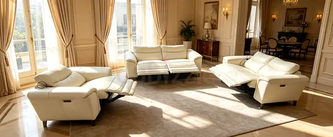 Cream Leather Reclining Sofa Set — 3-Seater, 2-Seater & Recliner Chairs