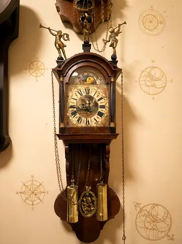 Antique Dutch Zaanse Style Weight-Driven Wall Clock with Brass Figures