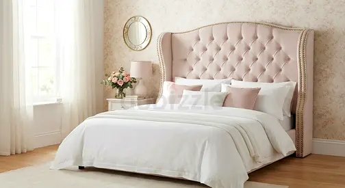 Queen upholstered tufted headboard bed frame - blush pink