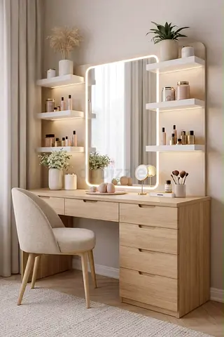 Modern Wooden Dressing Table with LED Mirror and Shelves
