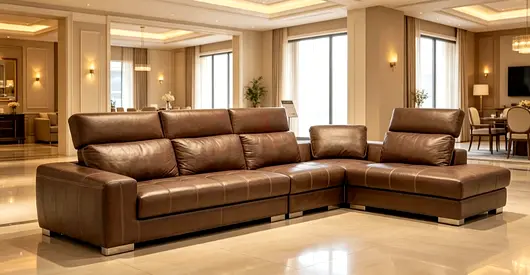 Large Brown Leather L-Shaped Corner Sofa - Good Condition