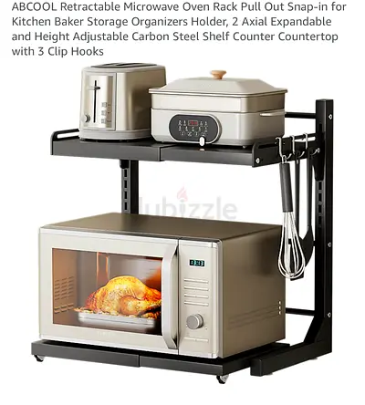 Adjustable 2-Tier Microwave Oven Rack with Hooks - Black Steel