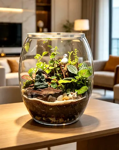 Handmade Glass Tabletop Terrarium with Miniature Garden Decor