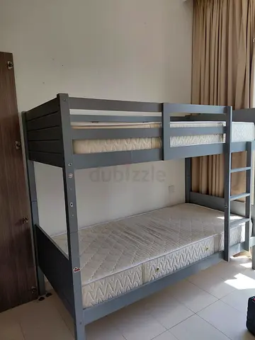 Sturdy Grey Wooden Bunk Bed with Mattresses - Good Condition