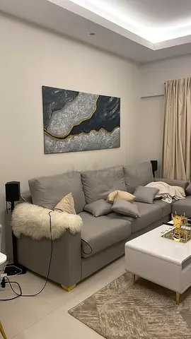 Modern Modular Light grey L-Shape Sectional Sofa with cushions and gold feet - good condition