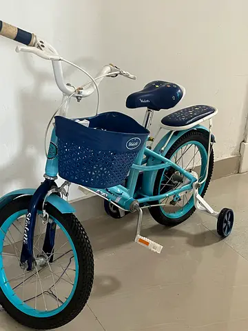 Blue children’s 16-inch bicycle with training wheels and front basket
