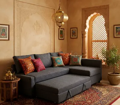Luxury L-Shape Sofa Bed – Spacious Storage, Comfortable Mattress Area, Multiple Color Choices.