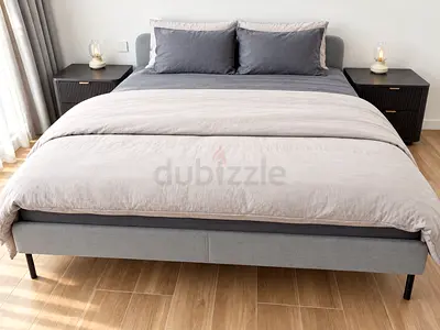 Grey Upholstered King Bed Frame with Mattress - Excellent Condition