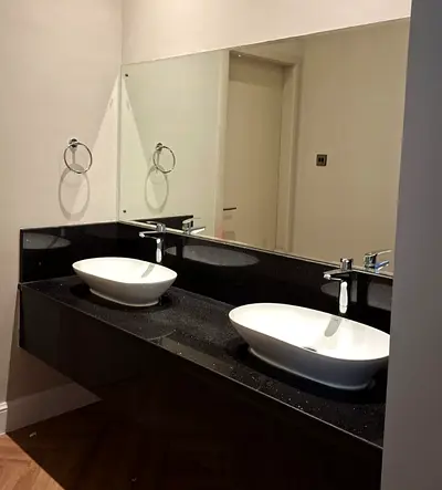 complete high-end double bathroom vanity set 2 sinks and marble countertop in excellent condition