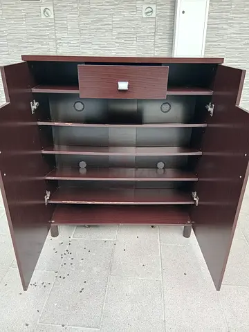Dark Wood Multi-Shelf Shoe Cabinet with Top Drawer - Good Condition