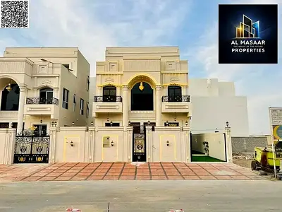 Luxury classic villa for sale in Al Bahia, Ajman. 3 floors, freehold ownership, cash or bank financing included, registration fees included.