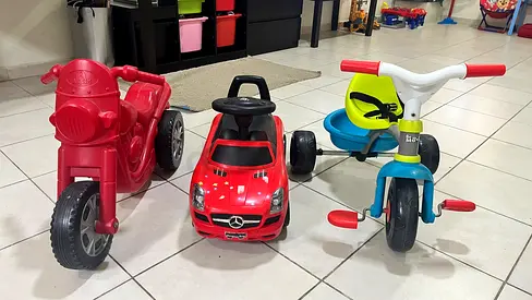 Set of 3 Ride-On Toys: Mercedes Push Car, Tricycle and Motorbike