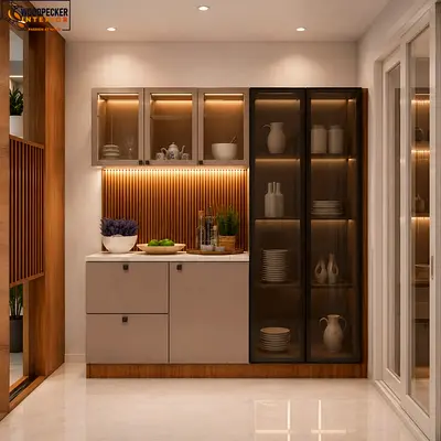 Modern Kitchen Display Cabinet with Glass Doors and LED Lighting