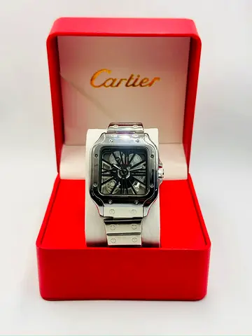 Cartier Santos-Style Luxury Watch – Silver Tone, Skeleton Dial