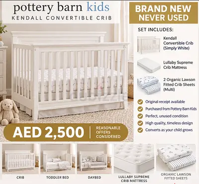Pottery Barn Kids Kendall Convertible Crib + Mattress & Sheets - Brand New