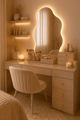 Modern Dressing Table with Asymmetric Backlit Mirror and Chair