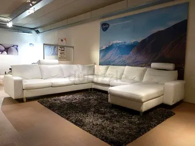 Large White L-Shaped Leather Corner Sofa with Ottoman