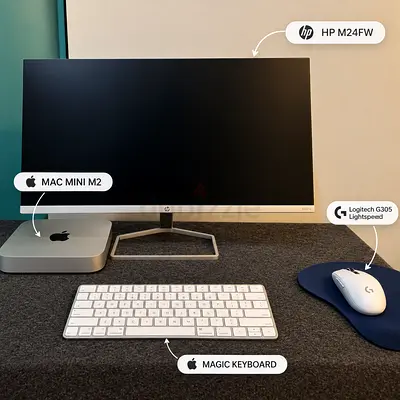 Mac Mini M2 with HP 24" Monitor, Apple Magic Keyboard & Logitech G305